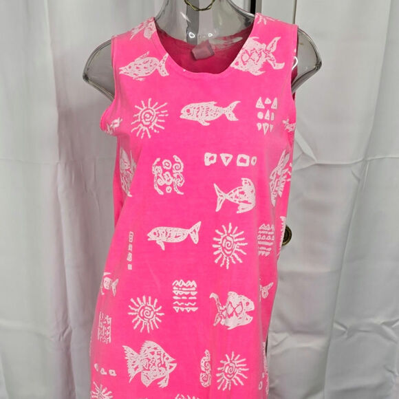 90s Mayan Fish Pink Beach Dress Cruise Loungewear Cotton Vintage Size M - Picture 2 of 9
